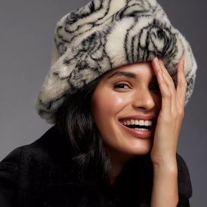 Anthropologie Black and White Faux Fur Hat